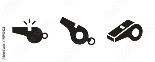 Set of whistles in black solid fill and outline styles for sports