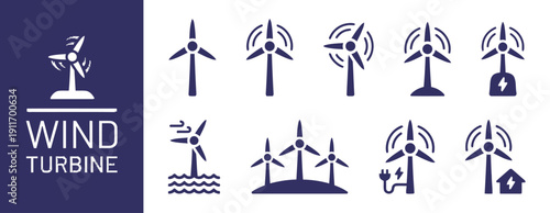 Set of wind turbine icons representing renewable energy and technology