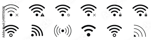 Set of wifi signal strength icons with various status indicators like no signal connection and security options