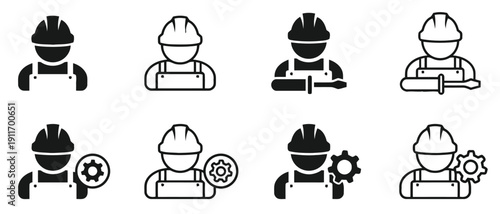 Set of worker icons with tools and gear symbols