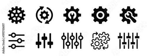 Settings and configuration icons, gears, sliders, and control panels