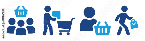 Shopping and consumer icons showing people with baskets and carts for retail and commerce