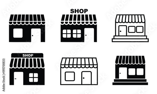 Shop front icons with awnings windows and doors vector set