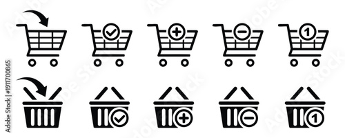 Shopping cart and basket icons with check mark add and remove plus one item
