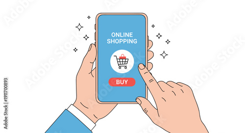 Person uses a mobile smartphone application to engage in online shopping by pressing a red buy button on the screen.