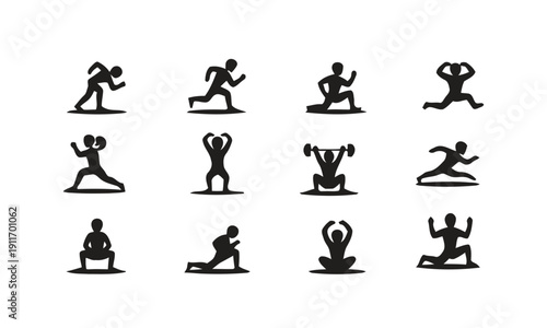 Silhouettes of people performing various fitness exercises and sports activities