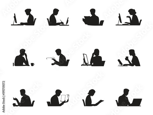 Silhouettes of people working on laptops and tablets in various poses