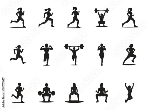 Silhouettes of women performing various athletic exercises and running poses