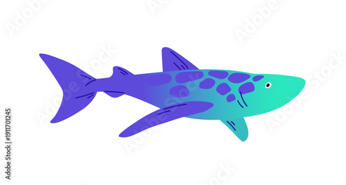 Blue silhouette of spotted shark in gradient style. Underwater predator. Dangerous undersea mammal. Sea life. Animal of the ocean. Fish swimming in water. Flat isolated vector illustration on white