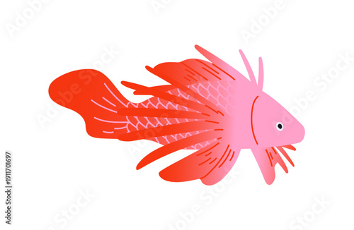 Red lionfish in gradient style. Exotic lion fish with poison spines in fins is swimming undersea. Tropical animal of the ocean. Underwater fauna, sea life. Flat isolated vector illustration on white