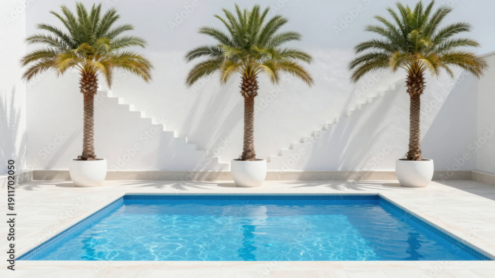 Fototapeta premium Tropical Backyard With Palm Trees And A Modern Swimming Pool Under Bright Sunlight