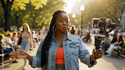 Wallpaper Mural Influencer Vlogging in Urban Park with Smartphone Torontodigital.ca