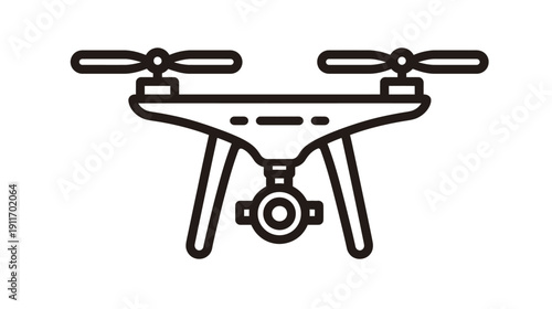 Black and white illustration of a drone with propellers and camera below