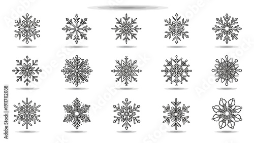 Set of elegant snowflake designs against a clean white backdrop vector illustration