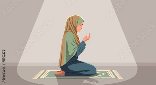 Muslim Woman Praying in Hijab on Prayer Mat, Spiritual Moment