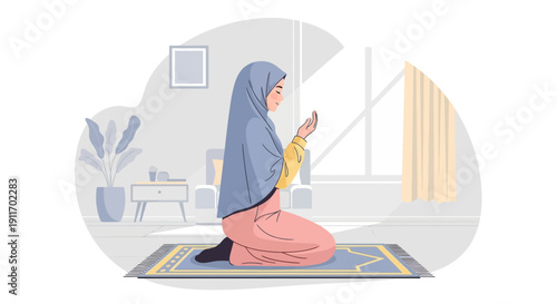 Muslim Woman Praying in Hijab on Prayer Mat at Home, Spiritual Moment