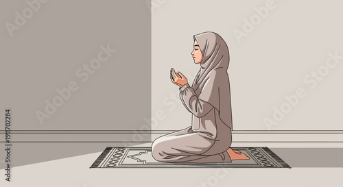 Muslim Woman Praying in Hijab on Prayer Mat with Sunlight