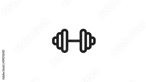 Black outline dumbbell icon on white background, symmetrical design representing strength and fitness