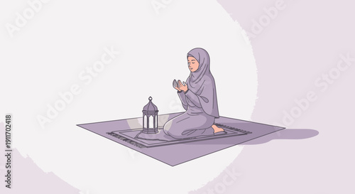 Muslim Woman Praying on Prayer Mat with Lantern, Islamic Spirituality