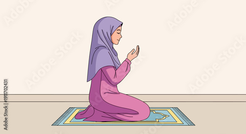 Muslim Woman Praying on Prayer Mat, Wearing Hijab and Pink Dress