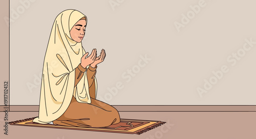 Muslim Woman Praying on Prayer Mat, Peaceful Devotion