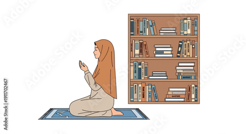 Muslim Woman Praying on Rug Next to Bookshelf