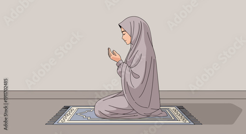 Muslim Woman Praying on Rug, Devotional Islamic Worship, Peaceful Spirituality