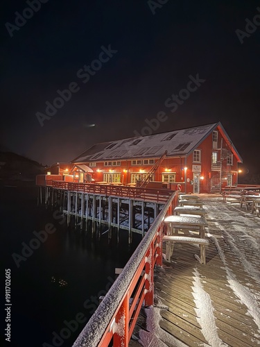 The beautiful village of Å i Lofoten during ice cold arctic polar night 