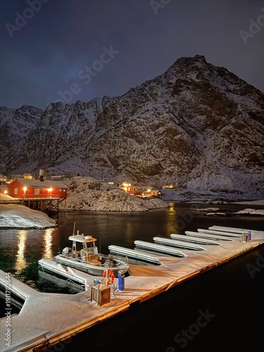 The beautiful village of Å i Lofoten during ice cold arctic polar night 