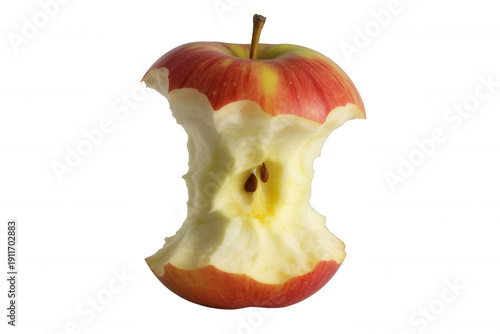 Bitten red apple with exposed core and seeds on black isolated on a transparent background