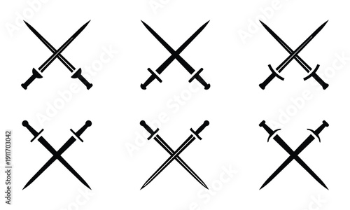 Six black silhouette icons of crossed swords in various styles