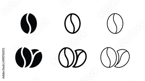 Six coffee bean icons, solid, outline, and grouped versions, black and white.