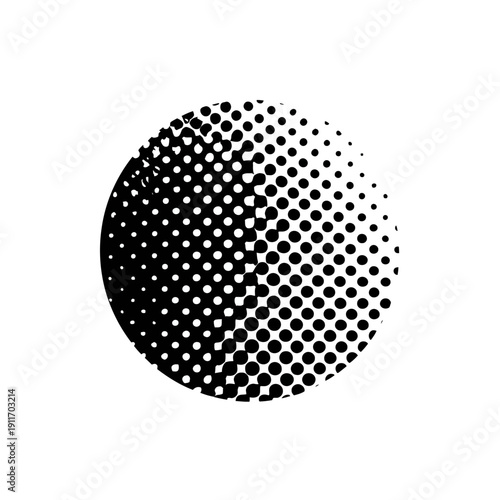 Black and white circle made of halftone dots, transitioning from dense to sparse