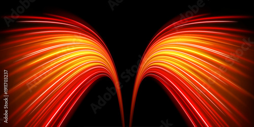 Curved neon streaks twist across a dark backdrop, forming a radiant spiral of kinetic light. Bright edges glow with electric intensity and layered motion blur. The composition radiates pure digital sp