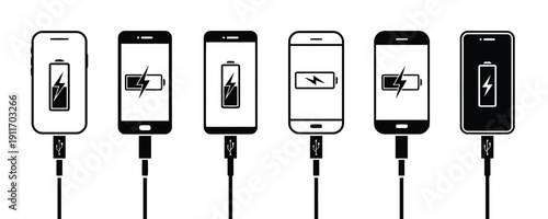 Smartphone charging icons showing different battery levels and connection