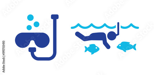 snorkeling mask and equipment with fish in water simple flat design vector icon set