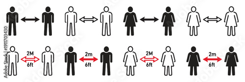 Social distancing 2m or 6ft distance, new normal and coronavirus prevention. set of icons with people keeping distance in public places