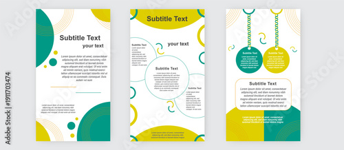 Modern abstract brochure templates with geometric circles in green and yellow tones. Clean vector layouts for flyers, posters, social media stories, presentations, and corporate marketing materials.