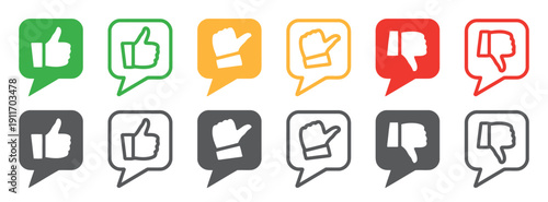 Social media feedback icons, thumbs up, thumbs down, and neutral hand gestures