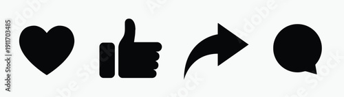 Social media icons like heart, like, share, and comment on white background