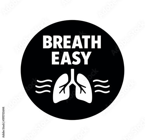 Flat vector badge BREATH EASY simple white lungs with airflow lines