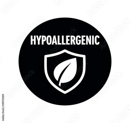 Flat vector badge HYPOALLERGENIC simple white leaf with shield