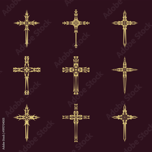 Christian cross vector icon symbols.  Abstract christian religious belief or faith art illustration for orthodox or catholic design. The symbol of the cross in various designs used in tattoo.