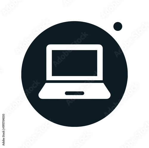 Flat vector badge solid black small circle background laptop tiny