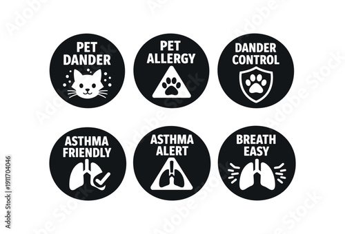 six separate flat vector badges badge solid black circle with the text consistent style and size badge texts and : PET DANDER cat particles icon PET ALLERGY paw alert triangle icon DANDER