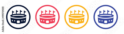 Stadium icons with flags, symbolizing sports, events, or arenas