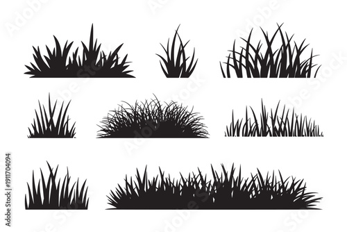 Grass field border isolated on white background. Silhouette garden grass lawn horizontal elements vector illustration.