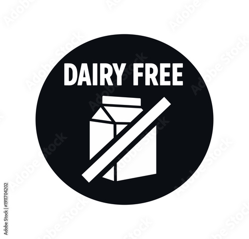 Flat vector badge DAIRY FREE simple white milk carton with slash