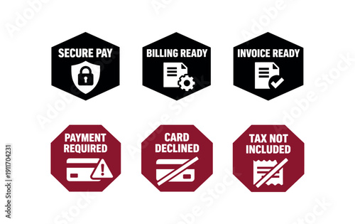 six separate flat vector badges three solid black hexagons and three solid deep maroon octagons and simple white pictograms below evenly spaced hex texts/: SECURE PAY shield lock icon