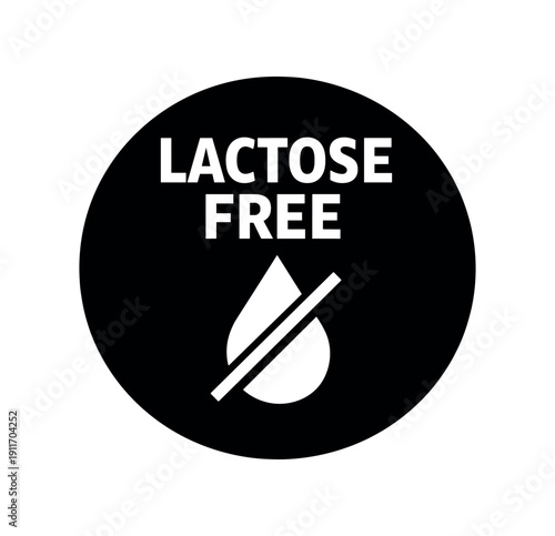 Flat vector badge LACTOSE FREE simple white milk droplet with slash